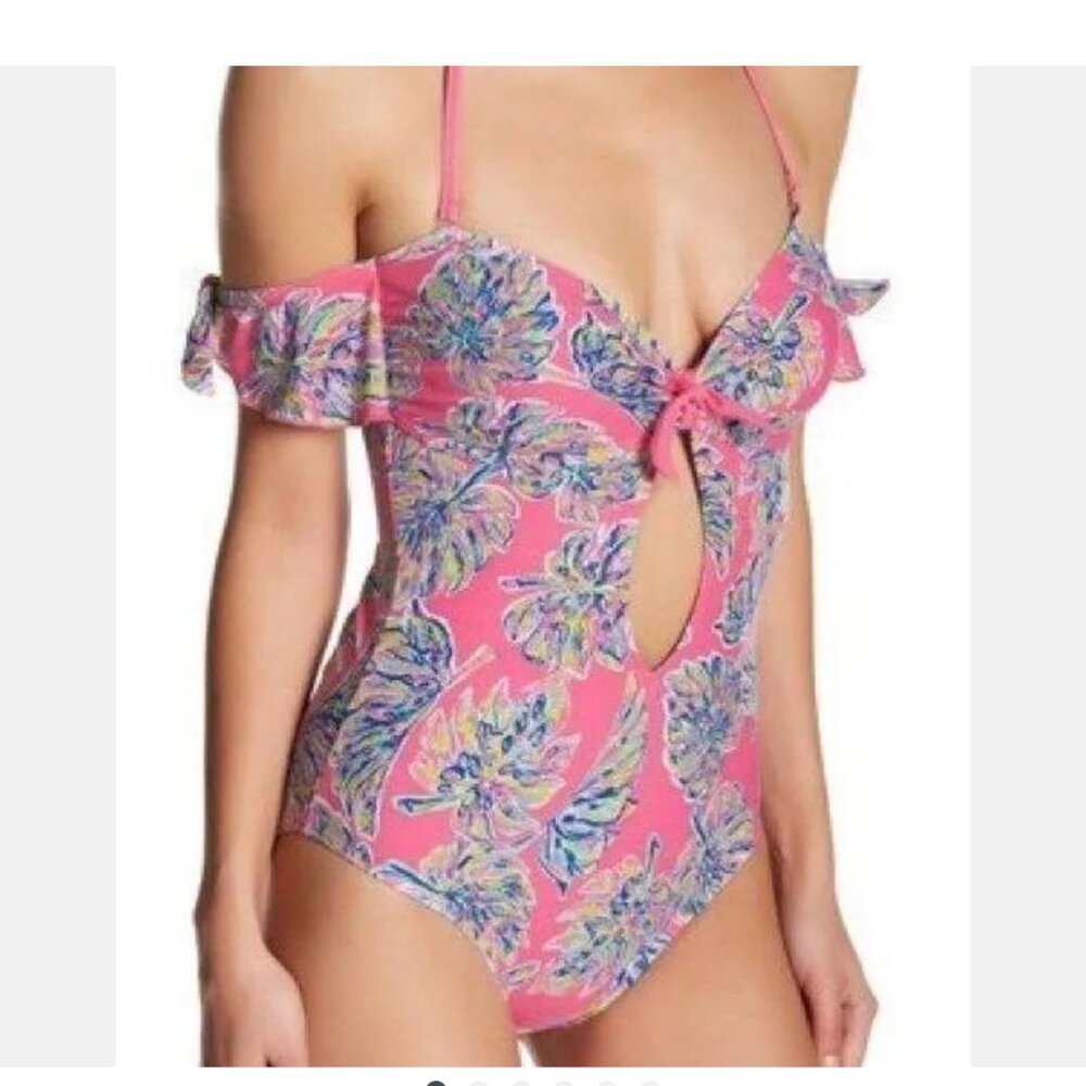 NWT YMI Swimwear Sz S Beautiful One Piece Swimsuit Pink w Palm Print Vacation!
